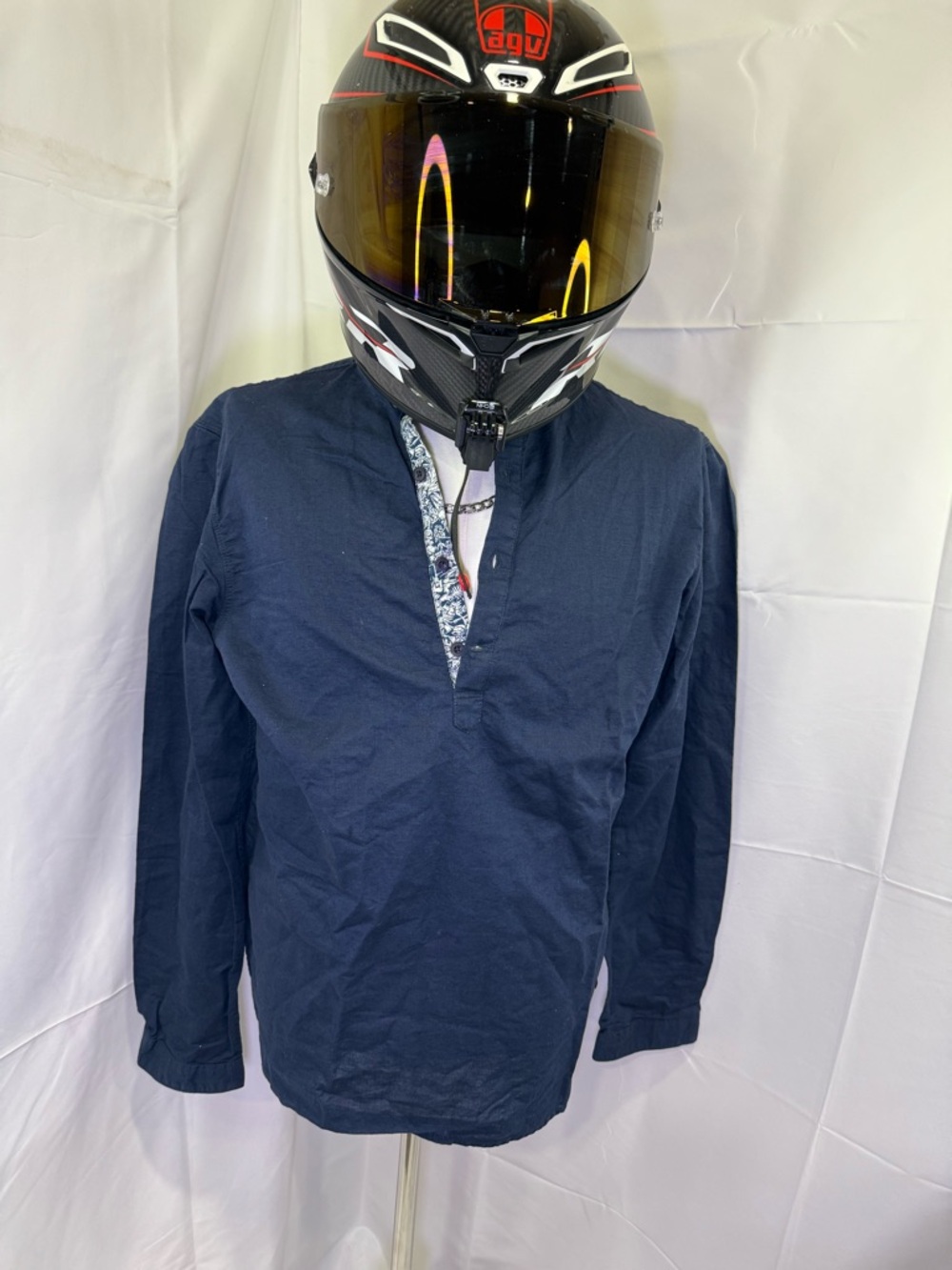 Men's Navy Long-Sleeve Casual Button-Down Shirt - Relaxed Pullover Style